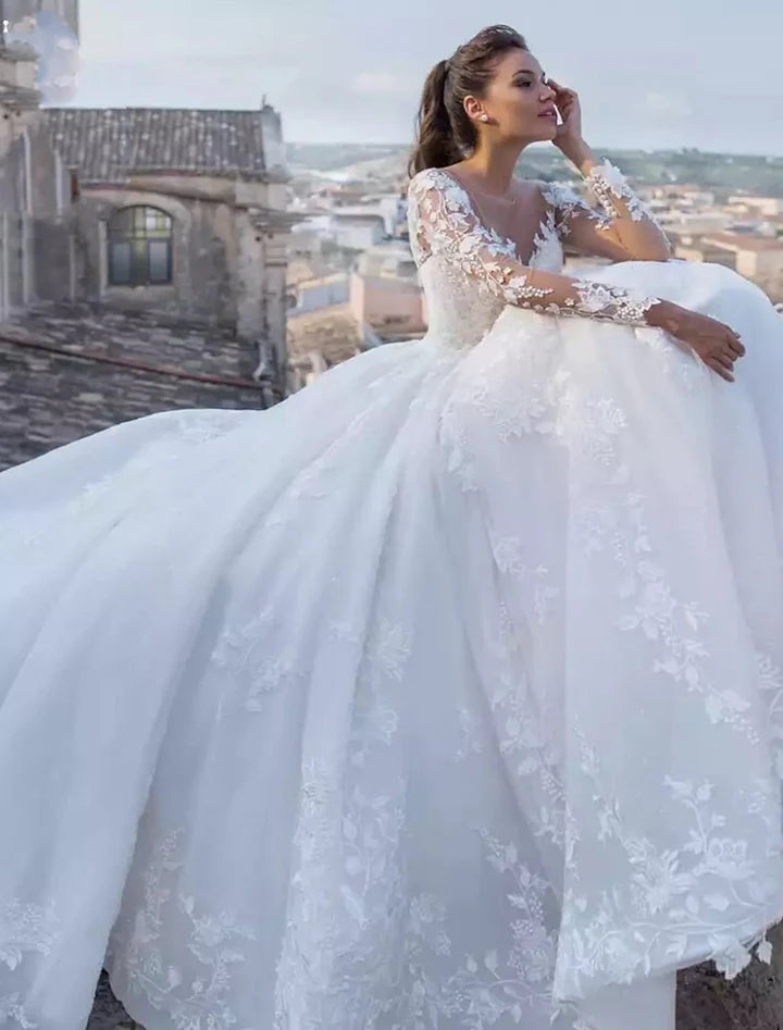Wholesale Ball Gown V-Neck Floor-Length Lace Wedding Dress